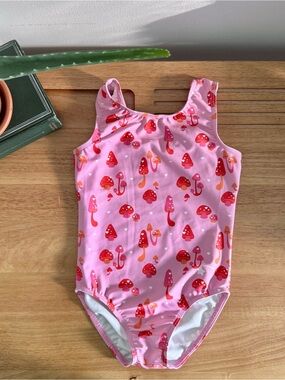 Destira Pink Mushroom Leotard Girls XS Gymnastics Leotard Swimwear